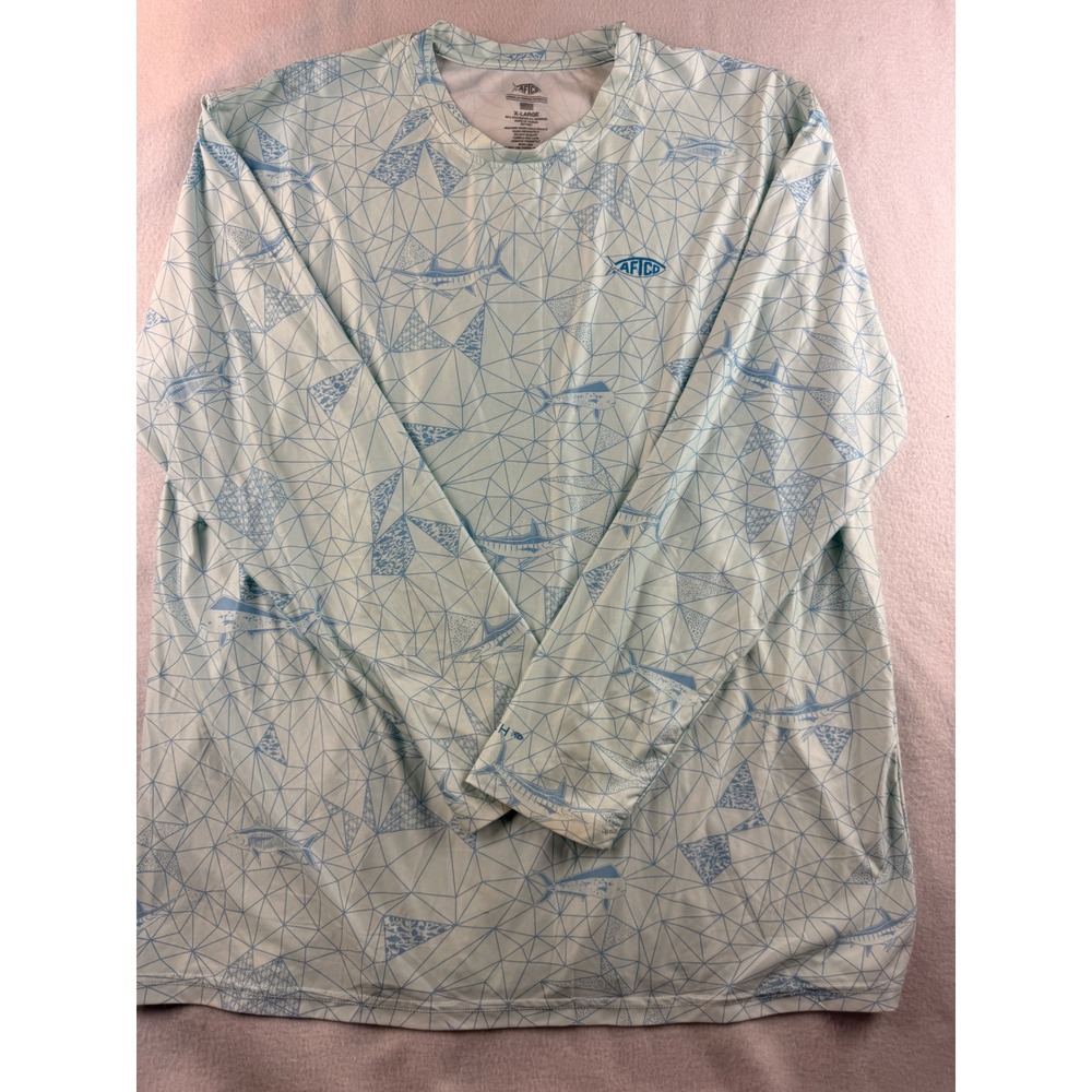 AFCO Mens XL Long Sleeve Fishing Shirt‎ UPF 50+ Geometric Marlin Blue